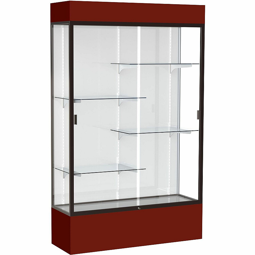 Waddell Lighted Floor Case, White Back w/ Dark Bronze Frame & Colored Base 48" Width x 16" Depth x 80" Height - 4 x Shelf(ves) - Sliding Door(s) - 25 lb Load Capacity - Lockable, Adjustable Shelf, Handcrafted, LED Light - Maroon - 1 Each - TA (3174WBBZMN)