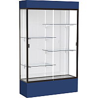 Waddell Lighted Floor Case, White Back w/ Dark Bronze Frame & Colored Base 48" Width x 16" Depth x 80" Height - 4 x Shelf(ves) - Sliding Door(s) - 25 lb Load Capacity - Lockable, Adjustable Shelf, Handcrafted, LED Light - Navy - Assembly Requ (3174WBBZNY)