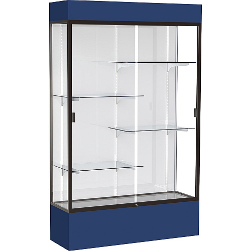 Waddell Lighted Floor Case, White Back w/ Dark Bronze Frame & Colored Base 48" Width x 16" Depth x 80" Height - 4 x Shelf(ves) - Sliding Door(s) - 25 lb Load Capacity - Lockable, Adjustable Shelf, Handcrafted, LED Light - Navy - Assembly Requ (3174WBBZNY)