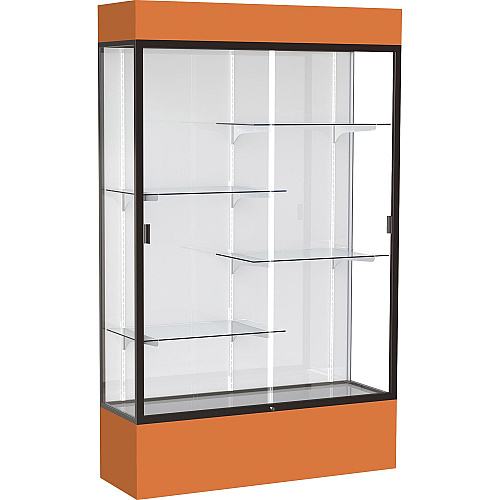 Waddell Lighted Floor Case, White Back w/ Dark Bronze Frame & Colored Base 48" Width x 16" Depth x 80" Height - 4 x Shelf(ves) - Sliding Door(s) - 25 lb Load Capacity - Lockable, Adjustable Shelf, Handcrafted, LED Light - Orange - Assembly Re (3174WBBZOR)