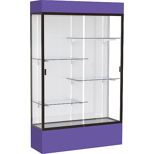 Waddell Lighted Floor Case, White Back w/ Dark Bronze Frame & Colored Base 48" Width x 16" Depth x 80" Height - 4 x Shelf(ves) - Sliding Door(s) - 25 lb Load Capacity - Lockable, Adjustable Shelf, Handcrafted, LED Light - Purple - Assembly Re (3174WBBZPE)