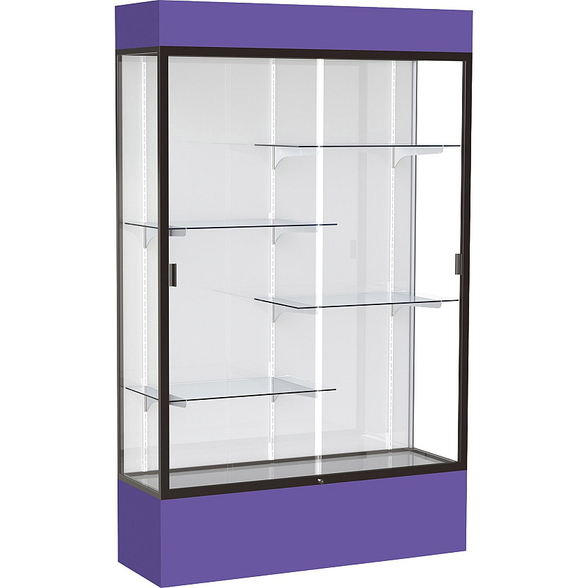 Waddell Lighted Floor Case, White Back w/ Dark Bronze Frame & Colored Base 48" Width x 16" Depth x 80" Height - 4 x Shelf(ves) - Sliding Door(s) - 25 lb Load Capacity - Lockable, Adjustable Shelf, Handcrafted, LED Light - Purple - Assembly Re (3174WBBZPE)