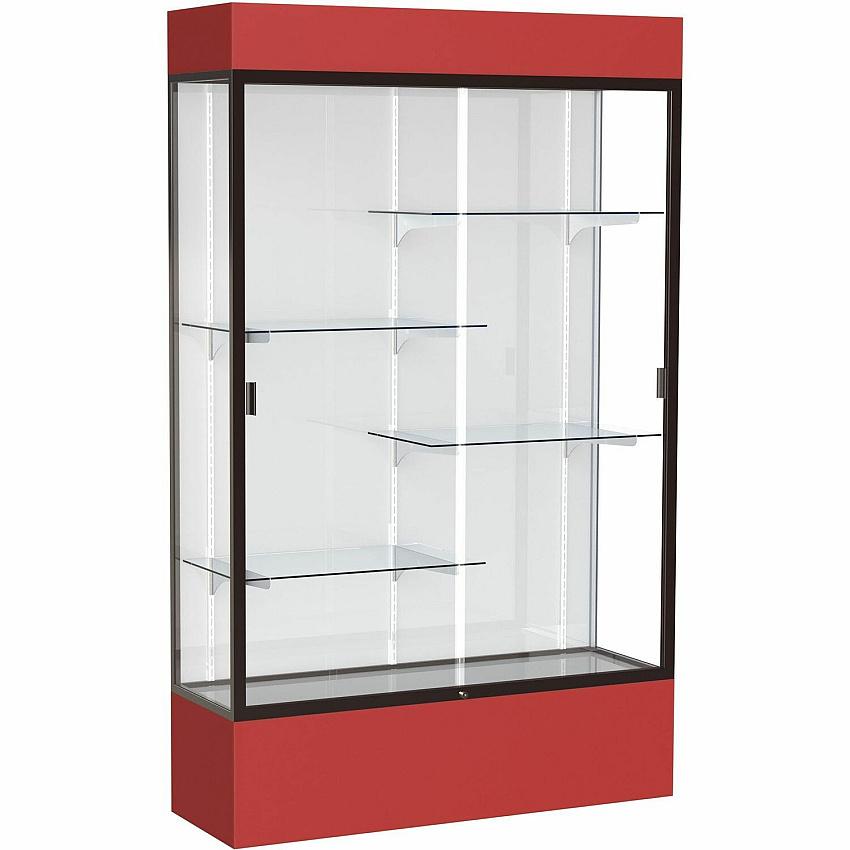 Waddell Lighted Floor Case, White Back w/ Dark Bronze Frame & Colored Base 48" Width x 16" Depth x 80" Height - 4 x Shelf(ves) - Sliding Door(s) - 25 lb Load Capacity - Lockable, Adjustable Shelf, Handcrafted, LED Light - Red - 1 Each - TAA C (3174WBBZRD)