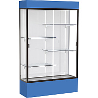 Waddell Lighted Floor Case, White Back w/ Dark Bronze Frame & Colored Base 48" Width x 16" Depth x 80" Height - 4 x Shelf(ves) - Sliding Door(s) - 25 lb Load Capacity - Lockable, Adjustable Shelf, LED Light, Handcrafted - Royal Blue - Assembl (3174WBBZRY)