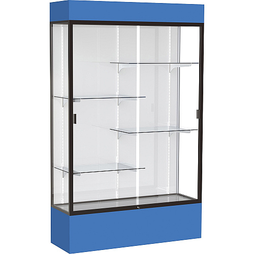 Waddell Lighted Floor Case, White Back w/ Dark Bronze Frame & Colored Base 48" Width x 16" Depth x 80" Height - 4 x Shelf(ves) - Sliding Door(s) - 25 lb Load Capacity - Lockable, Adjustable Shelf, LED Light, Handcrafted - Royal Blue - Assembl (3174WBBZRY)