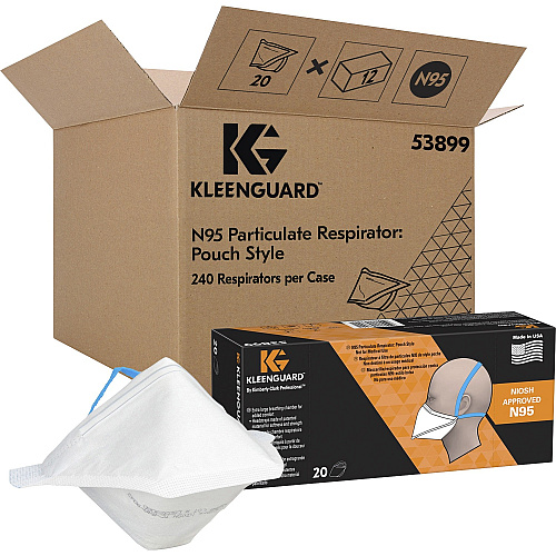 Kleenguard N95 Pouch Respirator Recommended for: Face - Regular - White, Blue - Comfortable, Breathable, Adjustable Nose-piece, Lightweight, Foldable, Head Strap, Particle Filtration Efficiency (PFE) - 20/Pack - 12 / Carton (53899CT)