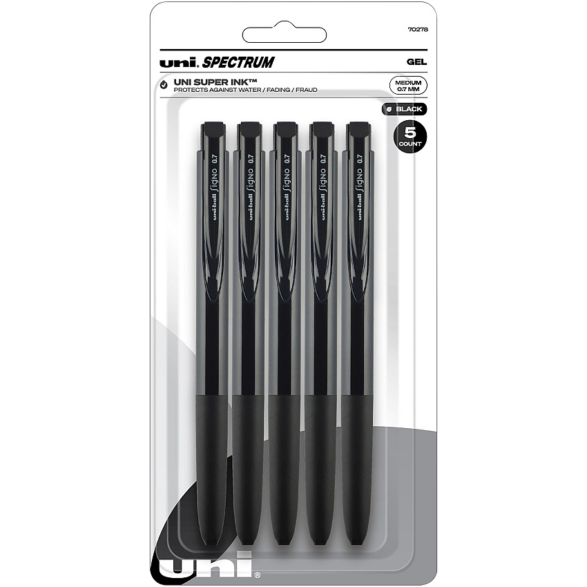 uni-ball uni&reg; Spectrum Gel Pen 0.7 mm Medium Pen Point - Refillable - Retractable - Multicolor Ink - Pigment-based, Gel-based - Black Plastic, Rubberized Barrel - 5 / Pack (70278)