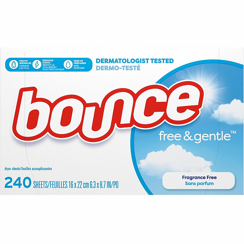 Bounce Free & Gentle Dryer Sheets 9" Length x 6.04" Width - Dye-free, Scent-free, Wrinkle-free, Hypoallergenic, Soft - White - 240 / Box (55312)
