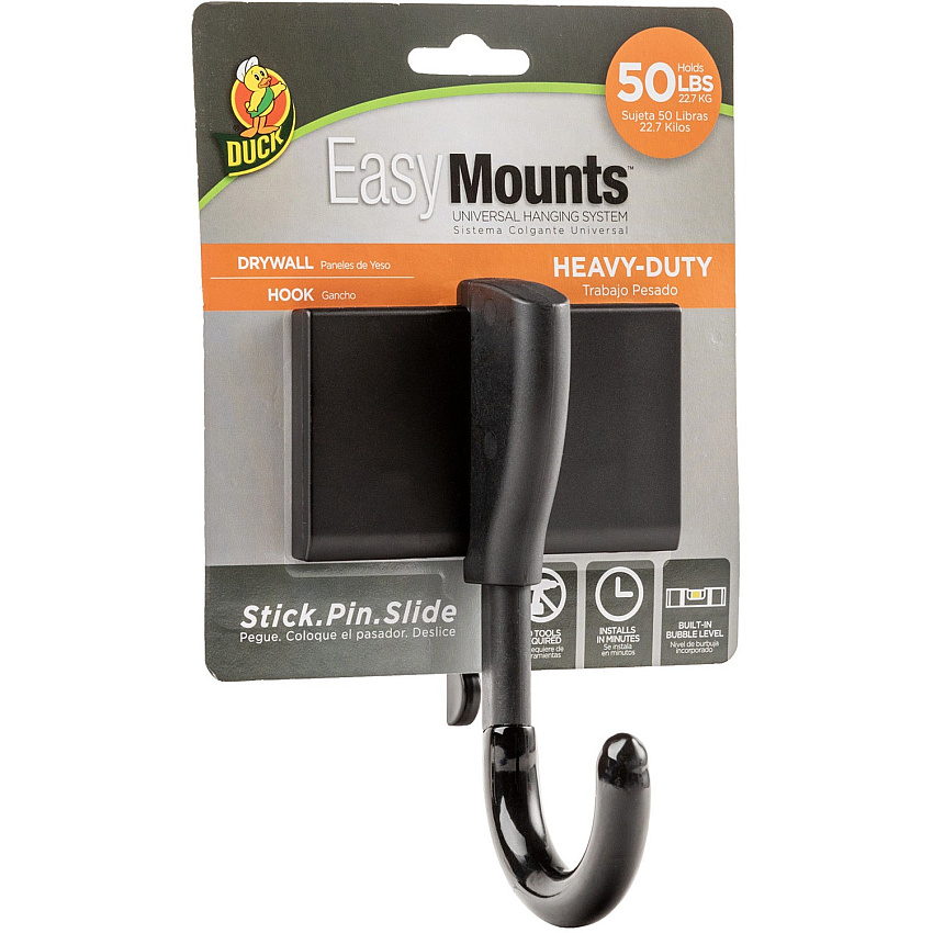 Duck Brand EasyMounts Heavy-Duty Drywall Hook 50 lb (22.68 kg) Capacity - 3.7" Width x 5.8" Length - for Tool, Garage, Home, Project - Fiberglass - Black - 1 Each (287214)