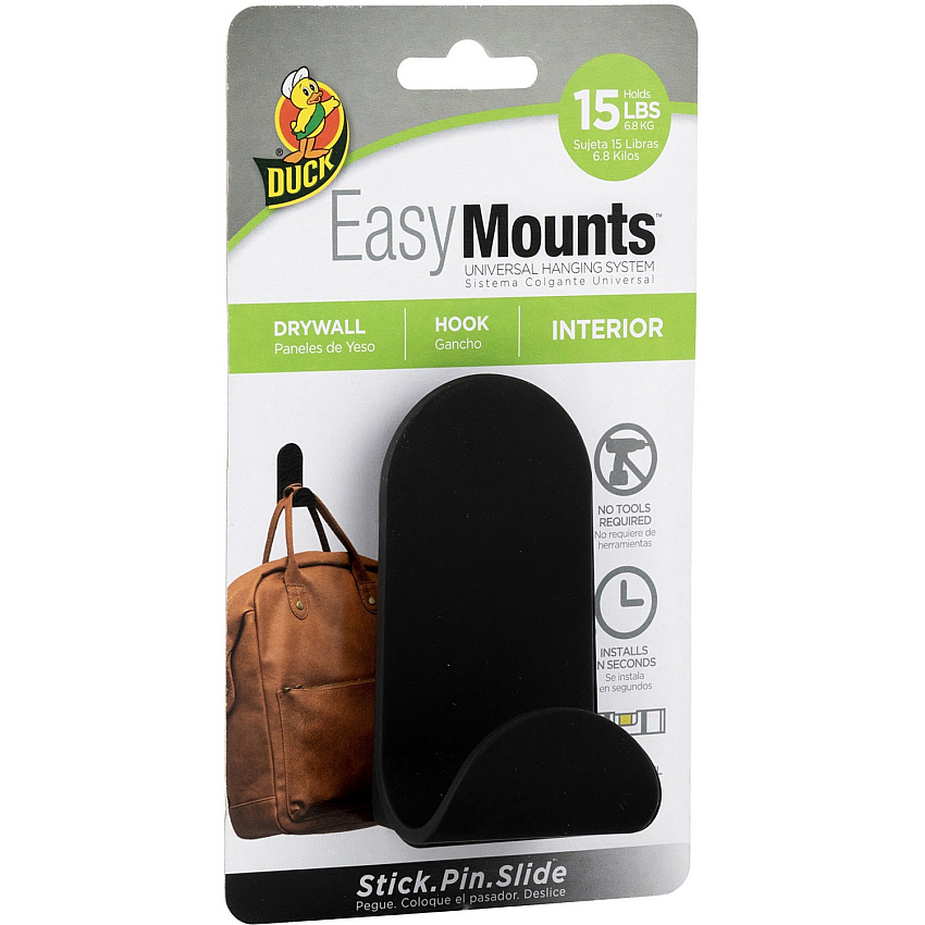 Duck Brand EasyMounts Interior Drywall J Hook 15 lb (6.80 kg) Capacity - 1.8" Width x 3.5" Length - for Sports Equipment - Black - Matte - 1 Each (287390)