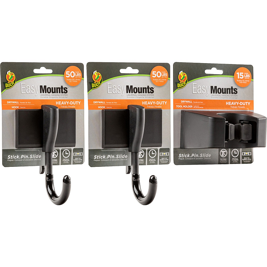 Duck Brand EasyMounts Heavy-Duty Garage Kit 15 lb (6.80 kg), 50 lb (22.68 kg) Capacity - for Home, Garage, Broom, Shovel - Black - 1 Box (287392)