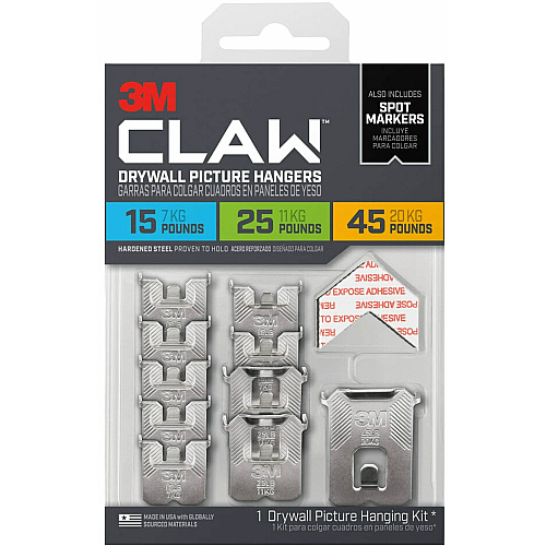 3M CLAW Drywall Picture Hanger 45 lb (20.41 kg), 25 lb (11.34 kg), 15 lb (6.80 kg) Capacity - 1.2" Width x 2" Length - for Pictures, Project, Mirror, Frame, Home, Decoration - Steel - Gray - 10 / Pack (3PHKITM10ES)