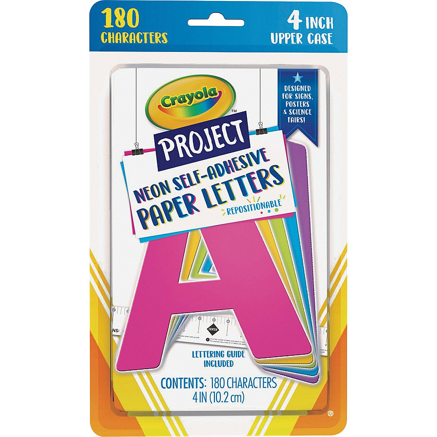 Crayola Self-adhesive Paper Letters Self-adhesive - 4" Height - Assorted Neon - Paper - 180 / Pack (P1646CRA)