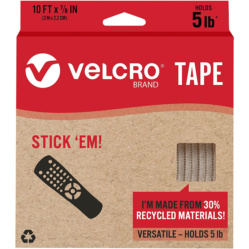 VELCRO&reg; Eco Collection Adhesive Backed Tape 10 ft Length x 0.88" Width - White - 1 Each (30195)
