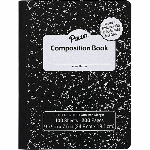 Pacon Marble Hard Cover Wide Rule Composition Book 1 Subject(s) - 100 Sheets - 200 Pages - Wide Ruled Front Ruling - Red Margin - 9.75" Height x 7.5" Width x 0.4" Depth - Black Marble Cover - Recyclable, Hard Cover, Dry Erase Surface - 1 Eac (PMMK37101DE)