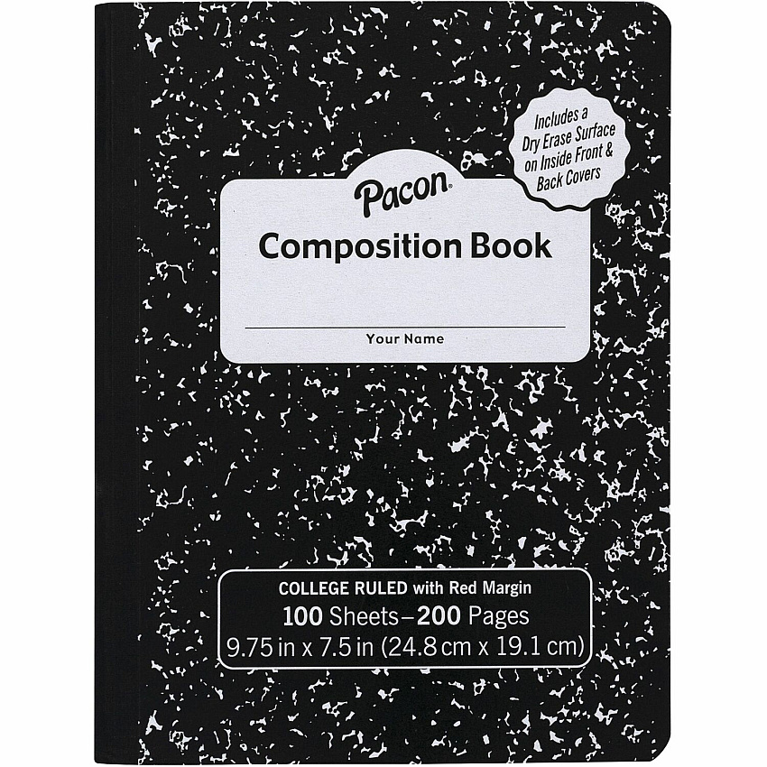 Pacon Marble Hard Cover College Rule Composition Book 100 Sheets - 200 Pages - College Ruled Front Ruling - Red Margin - 9.75" Height x 7.5" Width - Black Marble Cover - Recyclable, Hard Cover - 1 Each (PMMK37106DE)