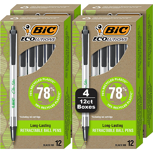 BIC Ecolutions Clic Stic Ballpoint Pen 1 mm Medium Pen Point - Retractable - Black Ink - Semi Clear Barrel - 48 / Pack (CSEM48BK)