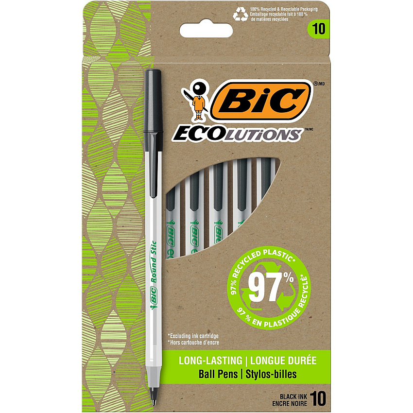 BIC Ecolutions Round Stic Ball Point Pen 1 mm Medium Pen Point - Black Ink - Semi-transparent Barrel - 10 / Pack (GSME10BK)