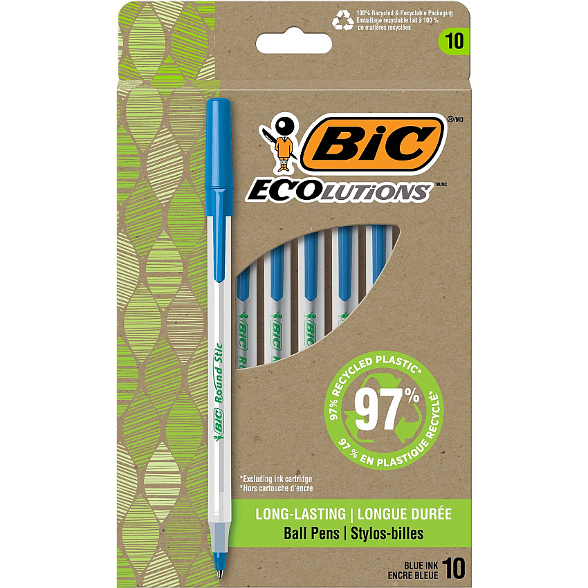 BIC Ecolutions Round Stic Ball Point Pen 1 mm Medium Pen Point - Blue Ink - Semi-transparent Barrel - 10 / Pack (GSME10BE)