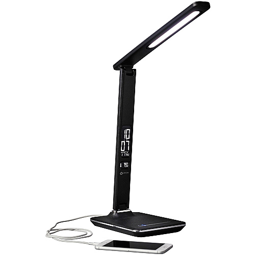 OttLite Wellness Series Renew LED Desk Lamp 14.8" Height x 6" Width - LED Bulb - USB Charging, Adjustable Brightness, Touch-activated, Adjustable Height, Adjustable Knob, Alarm, ClearSun LED, Energy Saving - 400 lm Lumens - Faux Leather, Ch (F1DY8G59SHPR)