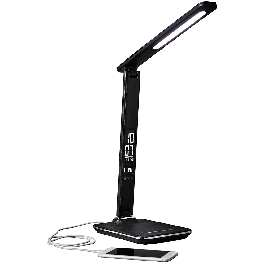 OttLite Wellness Series Renew LED Desk Lamp 14.8" Height x 6" Width - LED Bulb - USB Charging, Adjustable Brightness, Touch-activated, Adjustable Height, Adjustable Knob, Alarm, ClearSun LED, Energy Saving - 400 lm Lumens - Faux Leather, Ch (F1DY8G59SHPR)