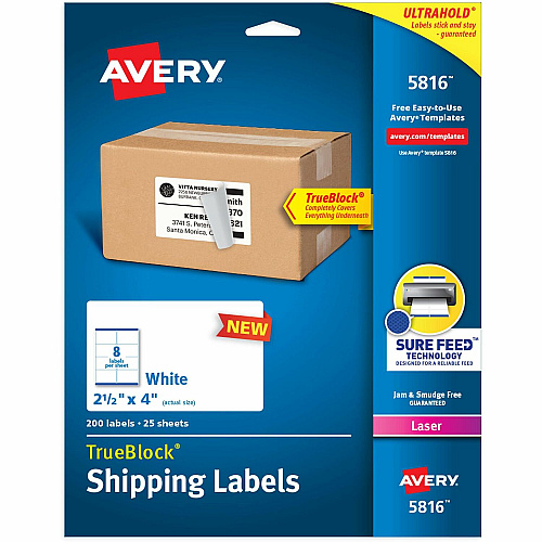 Avery&reg; Printable Shipping Labels, 2.5" x 4" , 200 Labels 2 1/2" Width x 4" Length - Permanent Adhesive - Rectangle - Laser - White - Paper - Permanent Adhesive, Smudge-free, Jam-free, Smudge Resistant, Stick & Stay - 8 / Sheet - 25 Total Sheets (5816)