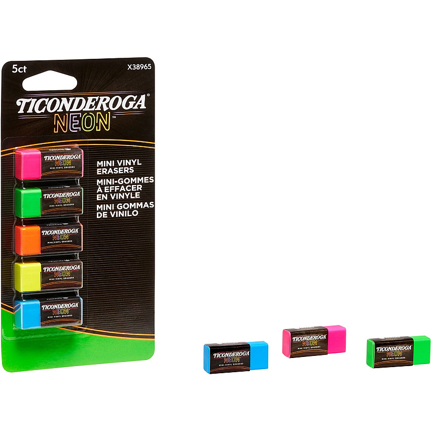 Ticonderoga Mini Erasers Neon Pink, Neon Green, Neon Orange, Neon Yellow, Neon Blue - Vinyl - 5 / Pack - Latex-free, Soft, Smudge-free, Residue-free, Non-abrasive, Non-tearing, Non-toxic (X38965)