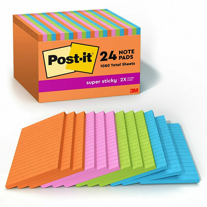Post-it&reg; Super Sticky Notes - Energy Boost Color Collection 4" Flag/Note Width x 6" Flag/Note Length - Rectangle - 45 Sheets per Pad - Vital Orange, Tropical Pink, Blue Paradise, Limeade - Sticky - 24 / Pack (66024SSAUCP)