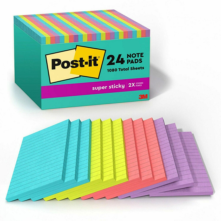 Post-it&reg; Super Sticky Notes - Supernova Neons Color Collection 4" Flag/Note Width x 6" Flag/Note Length - Rectangle - 45 Sheets per Pad - Blue, Green, Pink, Lilac - Sticky - 24 / Pack (66024SSMIACP)