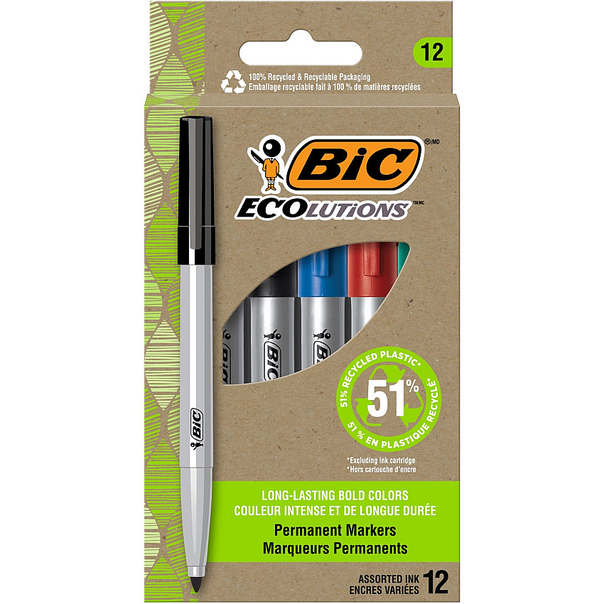 BIC Ecolutions Permanent Marker 4.2 mm Bullet Marker Point - Blue, Green, Black, Red Ink - 1 Dozen (PMER12AST)