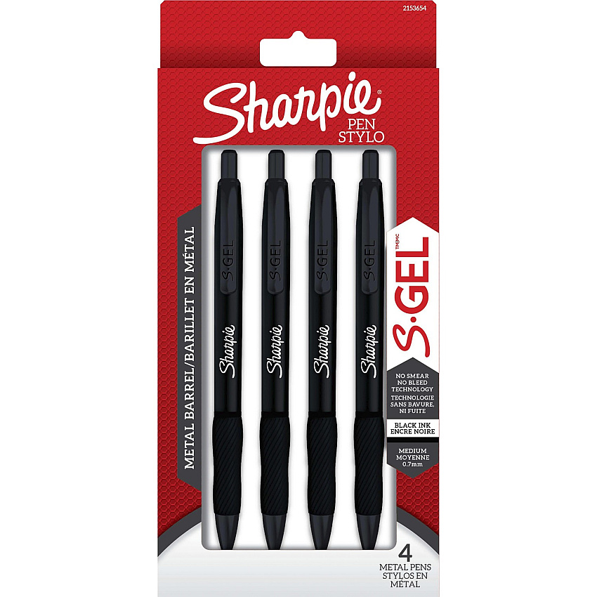 Sharpie S-Gel Premium Metal Barrel Gel Pen, Retractable, Medium 0.7 mm, Black Ink, Black Barrel, 4/Pack (2153578)