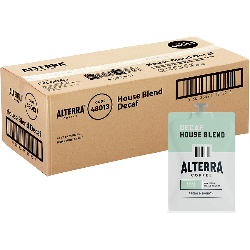 Alterra Freshpack Decaf House Blend Coffee Compatible with Flavia Aroma, Flavia Barista, FLAVIA Creation 600, Flavia Creation 500, Flavia Creation 200, Flavia Creation 150, Flavia Creation 300 - Light - Freshpack - Decaffeinated - 100 / Carton (48013)