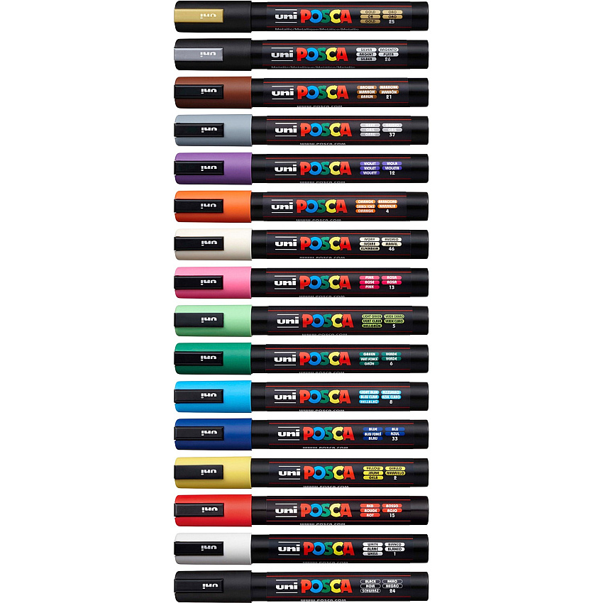 uni-ball uni&reg; Posca PC-5M Paint Markers Medium, Bullet Marker Point - Beige, Black, Blue, Brown, Gold, Green, Gray, Light Blue, Light Green, Orange, Pink, ... Ink - Water Based, Pigment-based - 16 / Pack (PC5M16C)