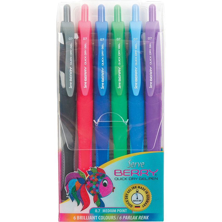 So-Mine Serve Berry Quick Dry Retract Gel Ink Pen 0.7 mm Medium Pen Point - Retractable - Black, Blue, Red, Dark Blue, Purple, Green Ink - Gel-based - Black, Blue, Red, Dark Blue, Purple, Green Barrel - 6 / Pack (BRGEL07B6KRA)