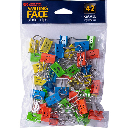 Officemate Smiling Faces Binder Clips, 42PC Small - 2.9" Length x 0.8" Width - 0.38" Size Capacity - Foldable, Removable Handle - Assorted, Green, Blue, Yellow, Red - Steel - 42 Piece (31090)