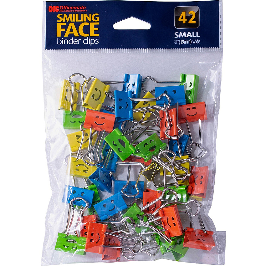 Officemate Smiling Faces Binder Clips, 42PC Small - 2.9" Length x 0.8" Width - 0.38" Size Capacity - Foldable, Removable Handle - Assorted, Green, Blue, Yellow, Red - Steel - 42 Piece (31090)