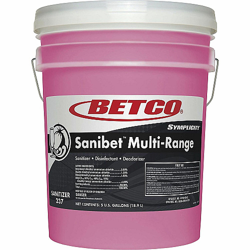 Symplicity Betco&reg; Sanibet Multi-Range Sanitizer, 5g Concentrate - 640 fl oz (20 quart) - Fragrance-free, Disinfectant, Deodorize, Rinse-free, Versatile - Pink - 1 Each (2370500)