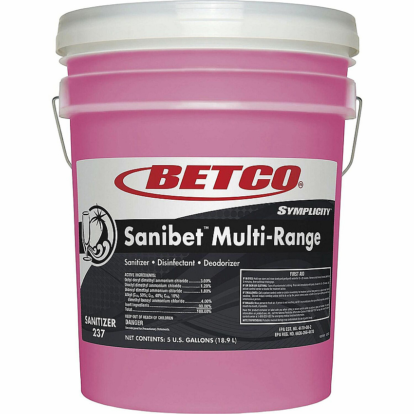Symplicity Betco&reg; Sanibet Multi-Range Sanitizer, 5g Concentrate - 640 fl oz (20 quart) - Fragrance-free, Disinfectant, Deodorize, Rinse-free, Versatile - Pink - 1 Each (2370500)