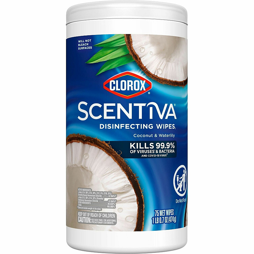 Clorox Scentiva Wipes, Bleach Free Cleaning Wipes Ready-To-Use - Coconut & Water Lily Scent - Bleach-free, Disinfectant, Deodorize - White - 75/Tub - 1 Each (60037)