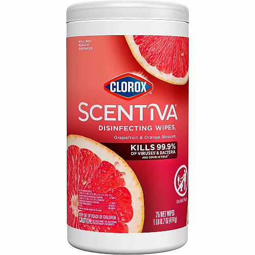 Clorox Scentiva Wipes, Bleach Free Cleaning Wipes Ready-To-Use - Grapefruit, Orange Blossom Scent - Bleach-free, Disinfectant, Deodorize - White - 75/Tub - 1 Each (60036)