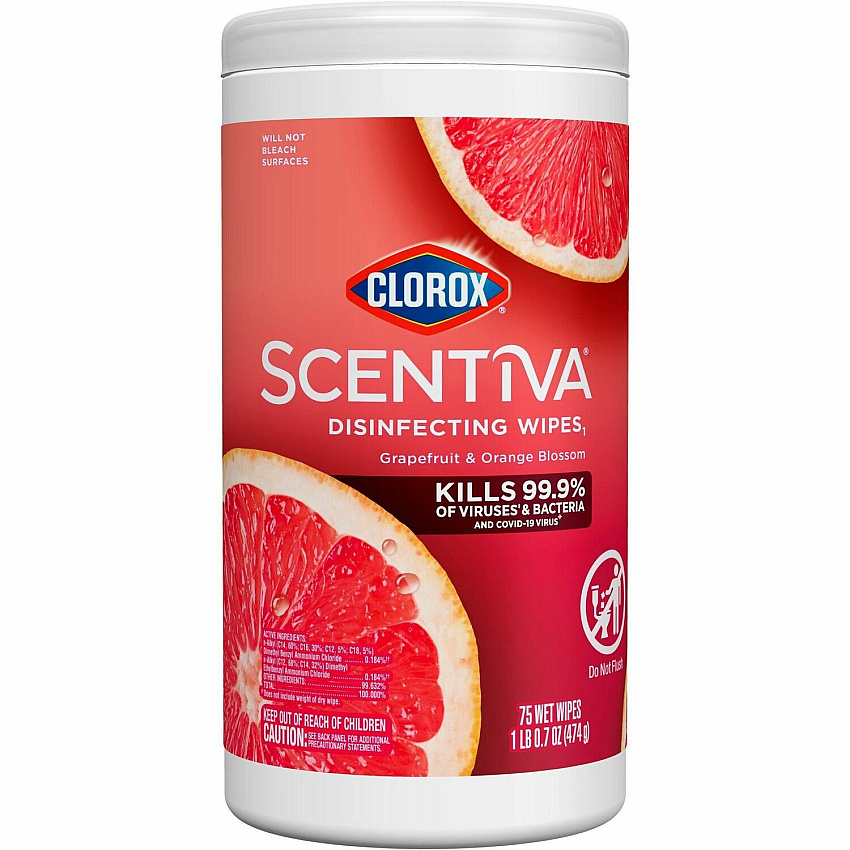Clorox Scentiva Wipes, Bleach Free Cleaning Wipes Ready-To-Use - Grapefruit, Orange Blossom Scent - Bleach-free, Disinfectant, Deodorize - White - 75/Tub - 1 Each (60036)