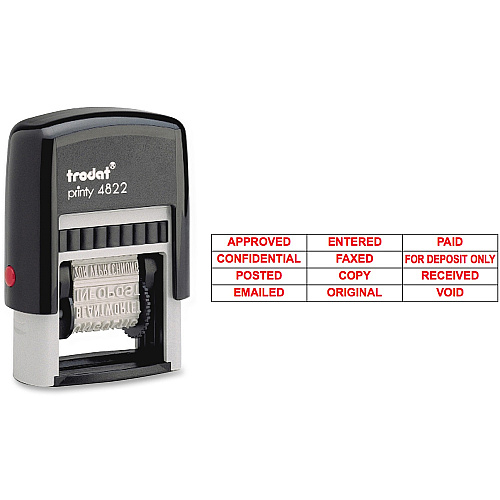 Trodat U.S. Stamp & Sign 12 Message Stamp Message Stamp - APPROVED, CONFIDENTIAL, COPY, EMAILED, ENTERED, FAXED, FOR DEPOSIT ONLY, ORIGINAL, PAID, POSTED, RECEIVED, ... - 0.38" Impression Width x 1.25" Impression Length - 10000 Impression(s) - Red (E4822)