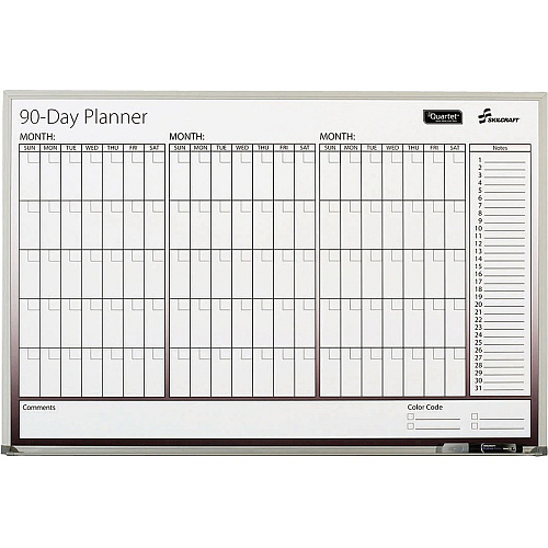 AbilityOne SKILCRAFT Aluminum Frame 90-day Planner Board Daily - 90 Day - 1.13" x 3.25" Block - Red - Aluminum, Mylar, Hardboard - 24" Height x 36" Width - Erasable, Laminated, Unruled Daily Block, Ruled, Hanger, Dry Erase Su (4070160)