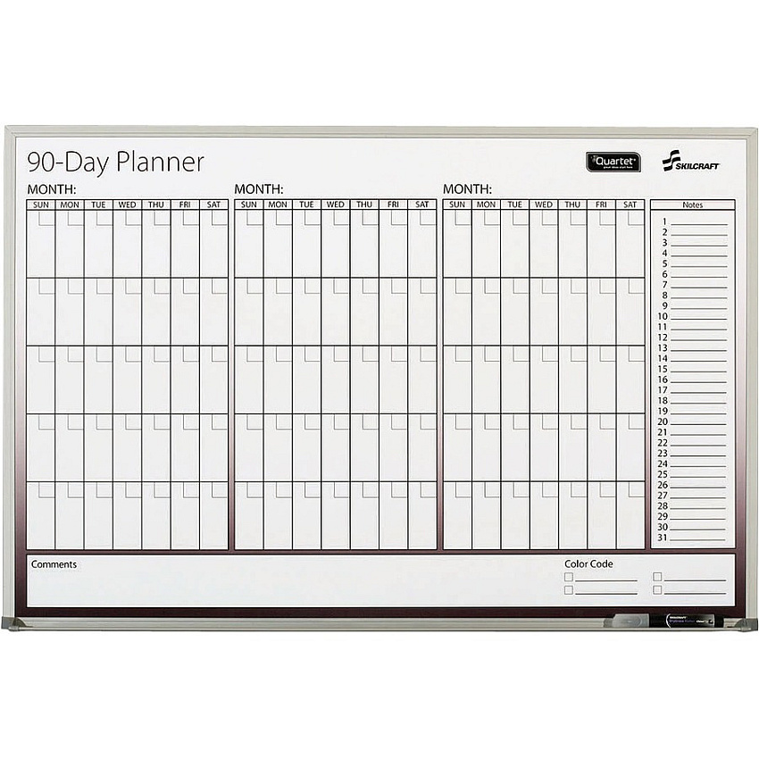 AbilityOne SKILCRAFT Aluminum Frame 90-day Planner Board Daily - 90 Day - 1.13" x 3.25" Block - Red - Aluminum, Mylar, Hardboard - 24" Height x 36" Width - Erasable, Laminated, Unruled Daily Block, Ruled, Hanger, Dry Erase Su (4070160)