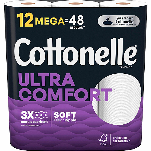 Cottonelle&reg; Ultra Comfort Toilet Paper, 2-Ply, 284 Sheets, 48 Rolls 2 Ply - 268 Sheets/Roll - CleanRipple Texture - White - Fiber - 12 / Pack (54165)