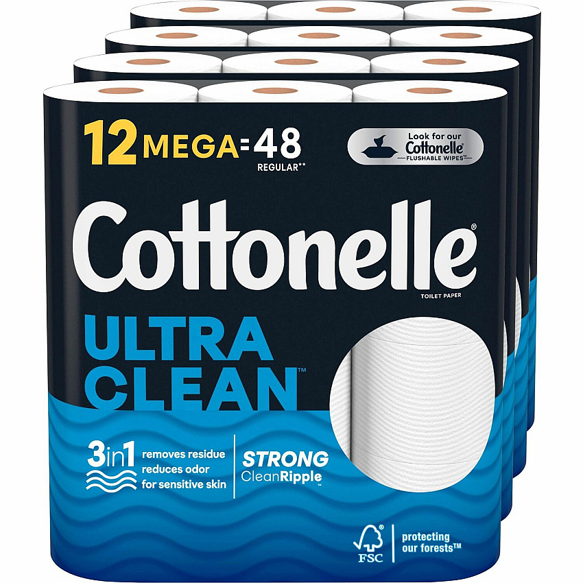 Cottonelle&reg; Ultra Clean Toilet Paper, 2-Ply, 312 Sheets, 48 Rolls 312 Sheets/Roll - White - Fiber - 12 Rolls Per Pack - 4 / Carton (54151CT)