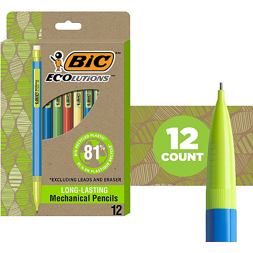 BIC Ecolutions Xtra Life Mechanical Pencil 0.7 mm Black Lead - #2, HB - Medium Point - Assorted Barrel - 1 Dozen (MPE12)