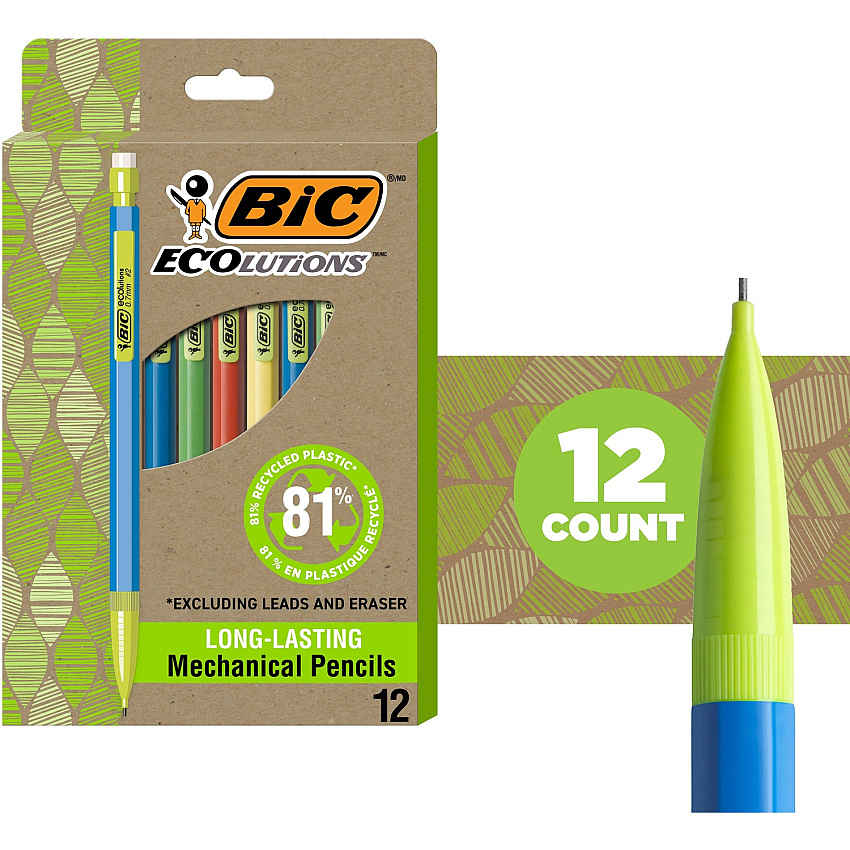 BIC Ecolutions Xtra Life Mechanical Pencil 0.7 mm Black Lead - #2, HB - Medium Point - Assorted Barrel - 1 Dozen (MPE12)