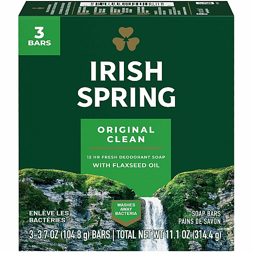 Irish Spring Deodorant Bar Soap with Flaxseed Oil Original Clean Scent - 3.75 oz - Bacteria Remover - Skin, Hand - Green - Paraben-free, Phthalate-free, Gluten-free, Recyclable - 3 / Pack (114177)