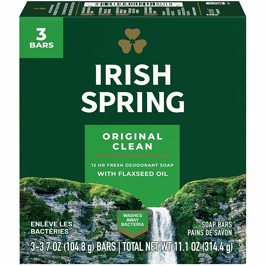 Irish Spring Deodorant Bar Soap with Flaxseed Oil Original Clean Scent - 3.75 oz - Bacteria Remover - Skin, Hand - Green - Paraben-free, Phthalate-free, Gluten-free, Recyclable - 3 / Pack (114177)